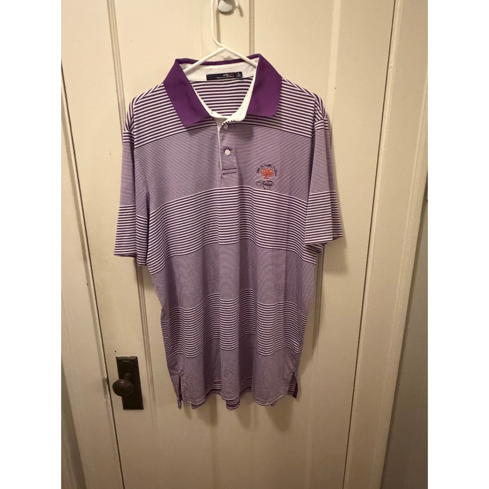 RLX Ralph Lauren Mens XL Purple White Striped Golf Polo Kiawah Ocean Course Logo